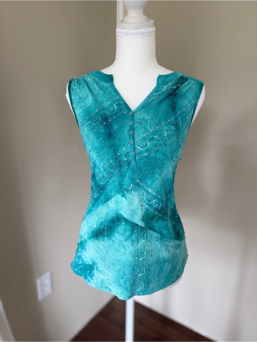 Vintage Y2K Tank Top Fairycore cami Teal Beaded Sleeveless mermaidcore S - Picture 2 of 10